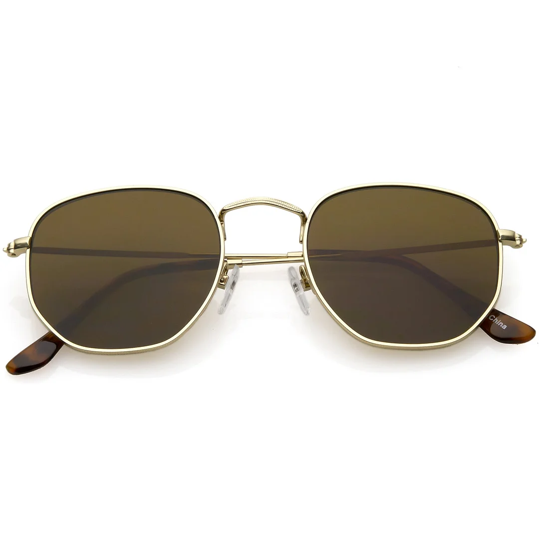 Large Metal Hexagonal glasses Slim Arms Neutral Colored Flat Lens 54mm