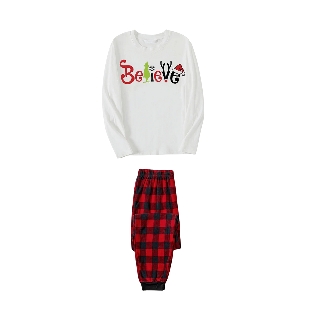 Christmas 2024 "Believe" Letter White Long Sleeve Top and Red & Black Plaid Pants Family Matching Pajamas