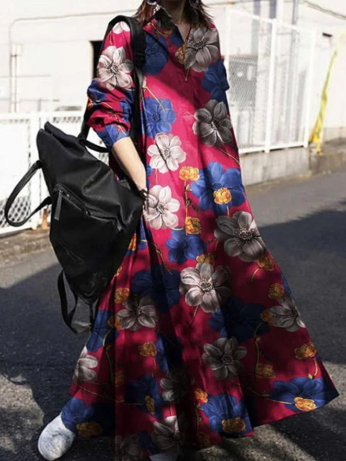 Retro Printed Wide Long Sleeve Big Sleeve Dress