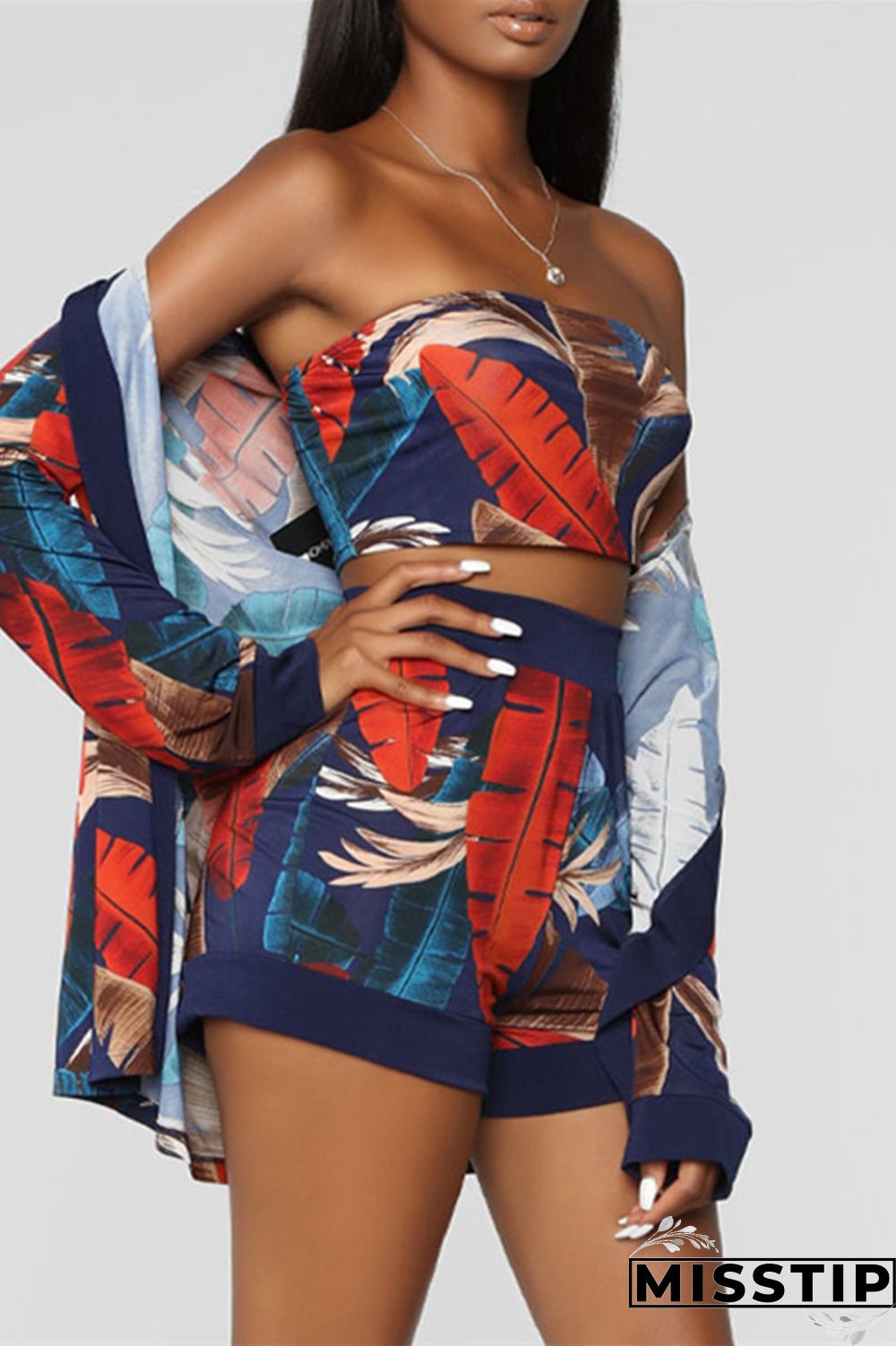 Blue Fashion Casual Print Basic Long Sleeve Two Pieces