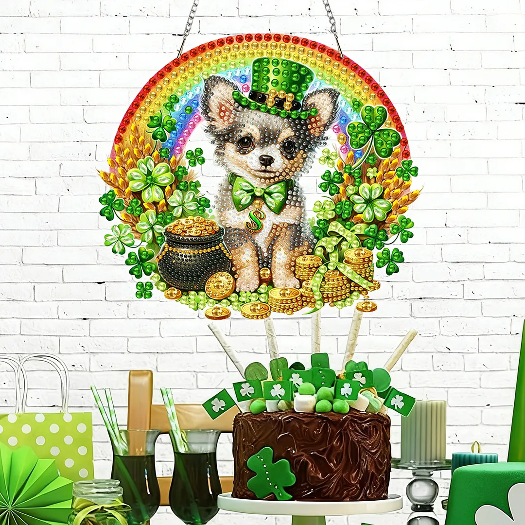 St Patricks Day Dog DIY 2D Flat Acrylic Diamond Painting Kits 5D Diamond Art Painting Window Pendants for Home Garden Wall Decoration