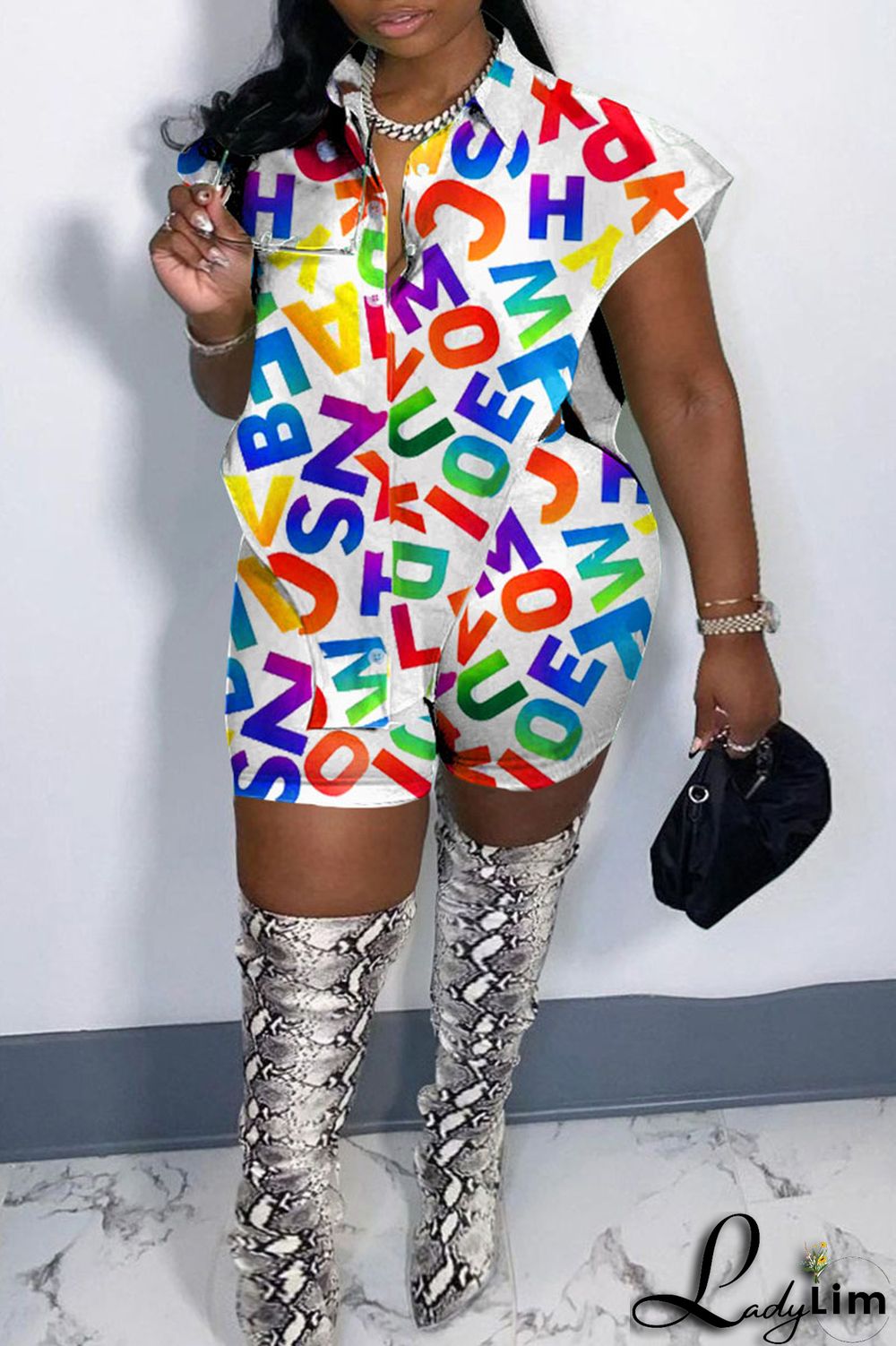 White Sexy Street Print Patchwork Buckle Asymmetrical Turndown Collar Plus Size Two Pieces