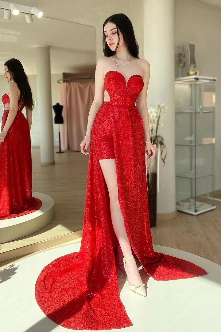 Lvs&Broner Sequins Strapless Sweetheart Sleeveless Long Prom Dress With Split