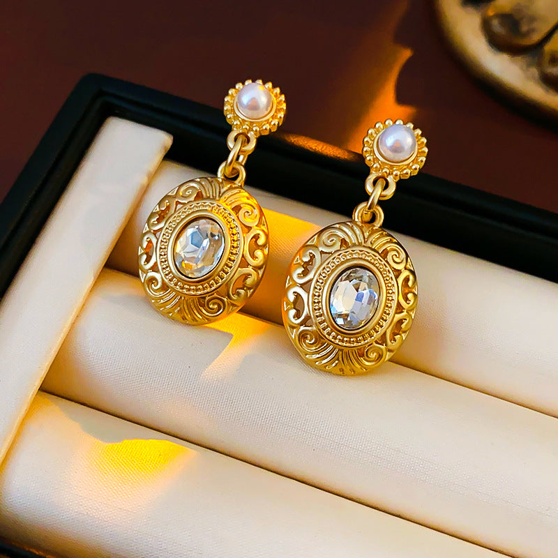 Luxurious Round Ellipse Geometric Flower Artificial Pearl Diamond Inlay Earrings
