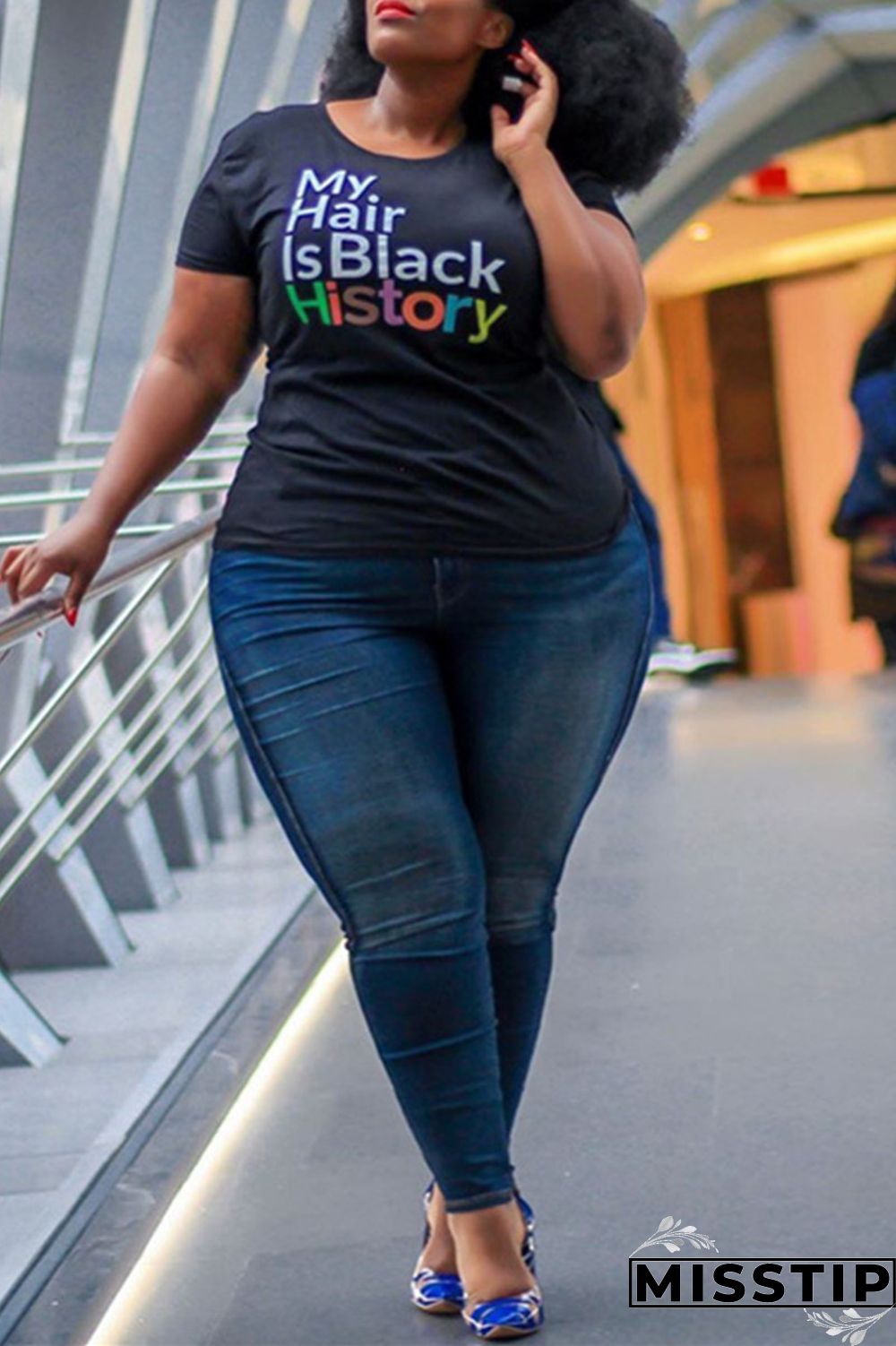 Letter Fashion Casual Printed Black Plus Size T-shirt