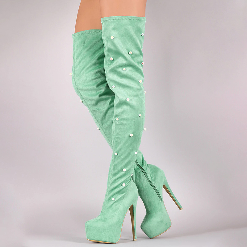 Green Suede Boots Women's Platform Heels Thigh Studs Booties|FSJshoes