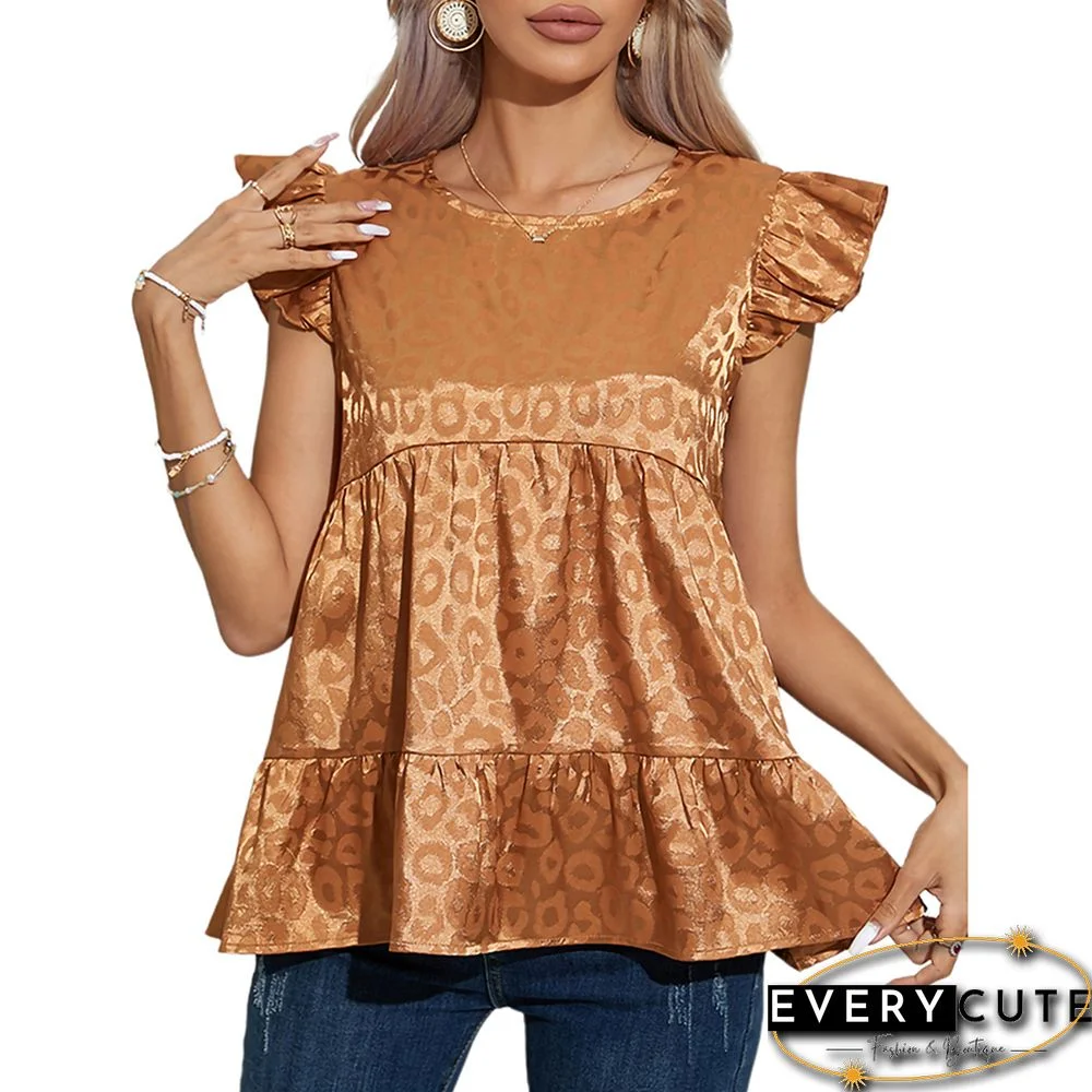 Gold Jacquard Round Neck Ruffle Sleeve Tank Top