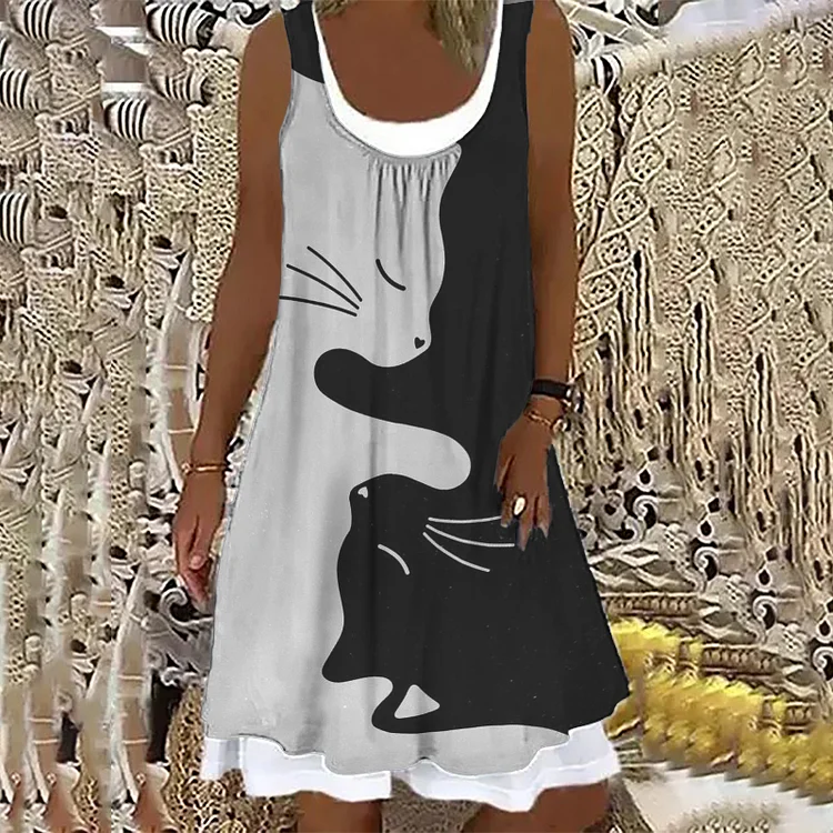 Vefave Contrast Cat Print Sleeveless Midi Dress