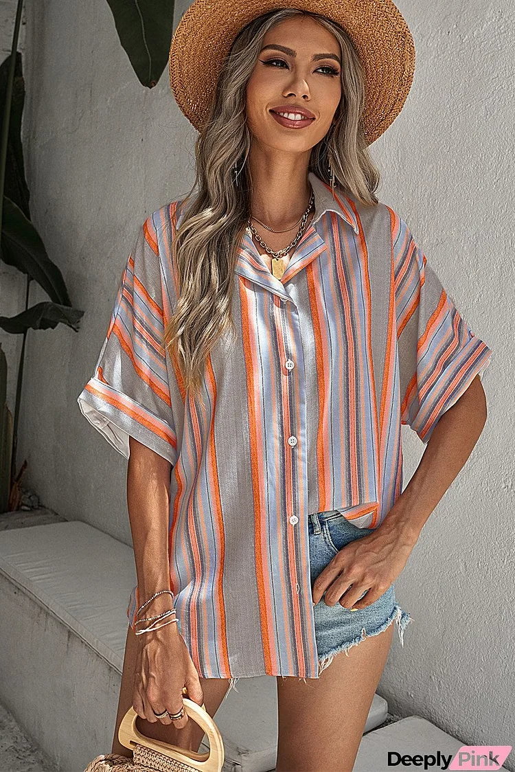 Button Striped Short Sleeves Shirt