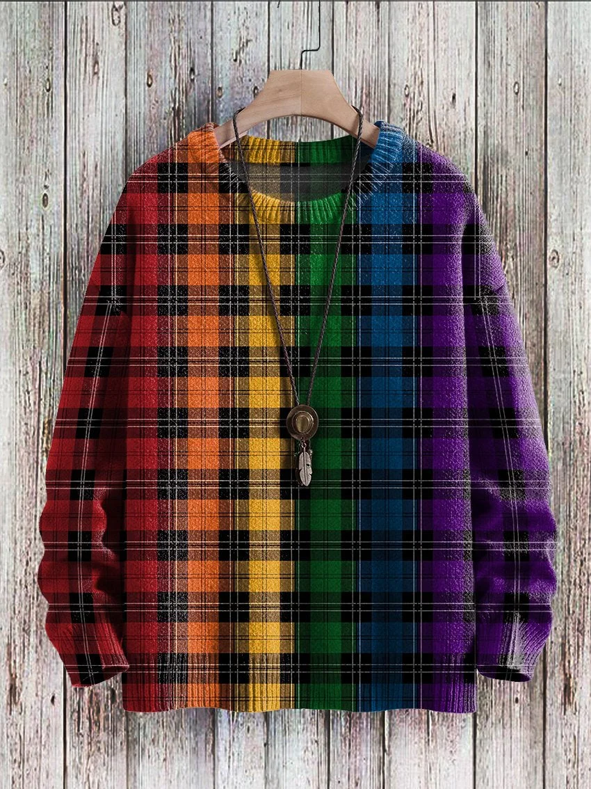 Unisex Plaid Stripes Lines Rainbow Art Print Knit Casual Sweatshirt