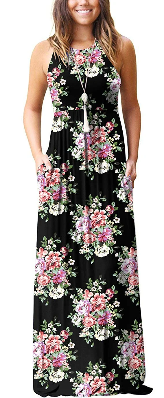 Women's Summer Floral Print Casual Long Dresses with Pockets