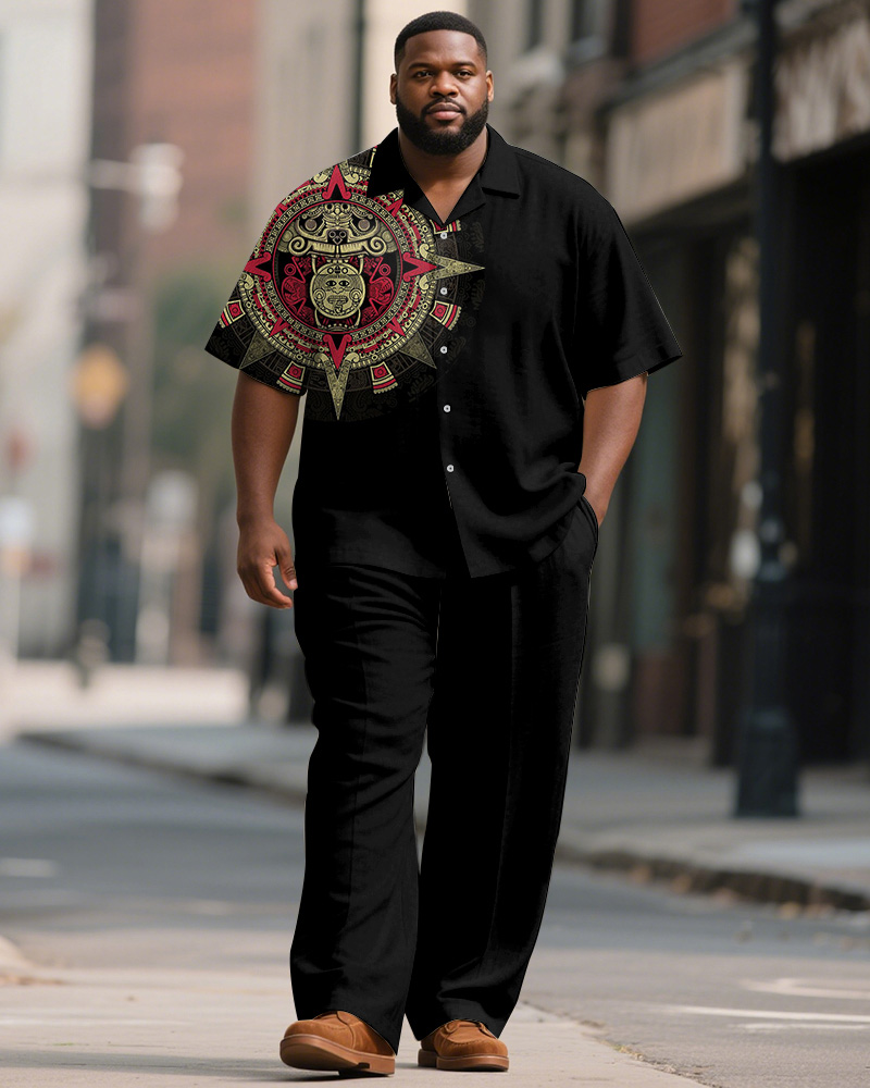 Men's Plus Size Aztec Ethnic Style Printed Short Sleeve Shirt Trousers Suit
