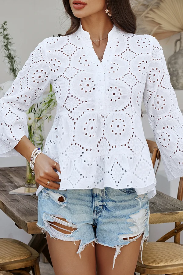 Solid Color Casual Resort Style Hollow V-neck Shirt