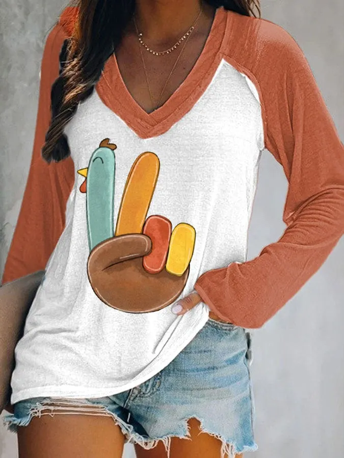 Women's Thanksgiving Peace Turkey Print Long Sleeve Top 