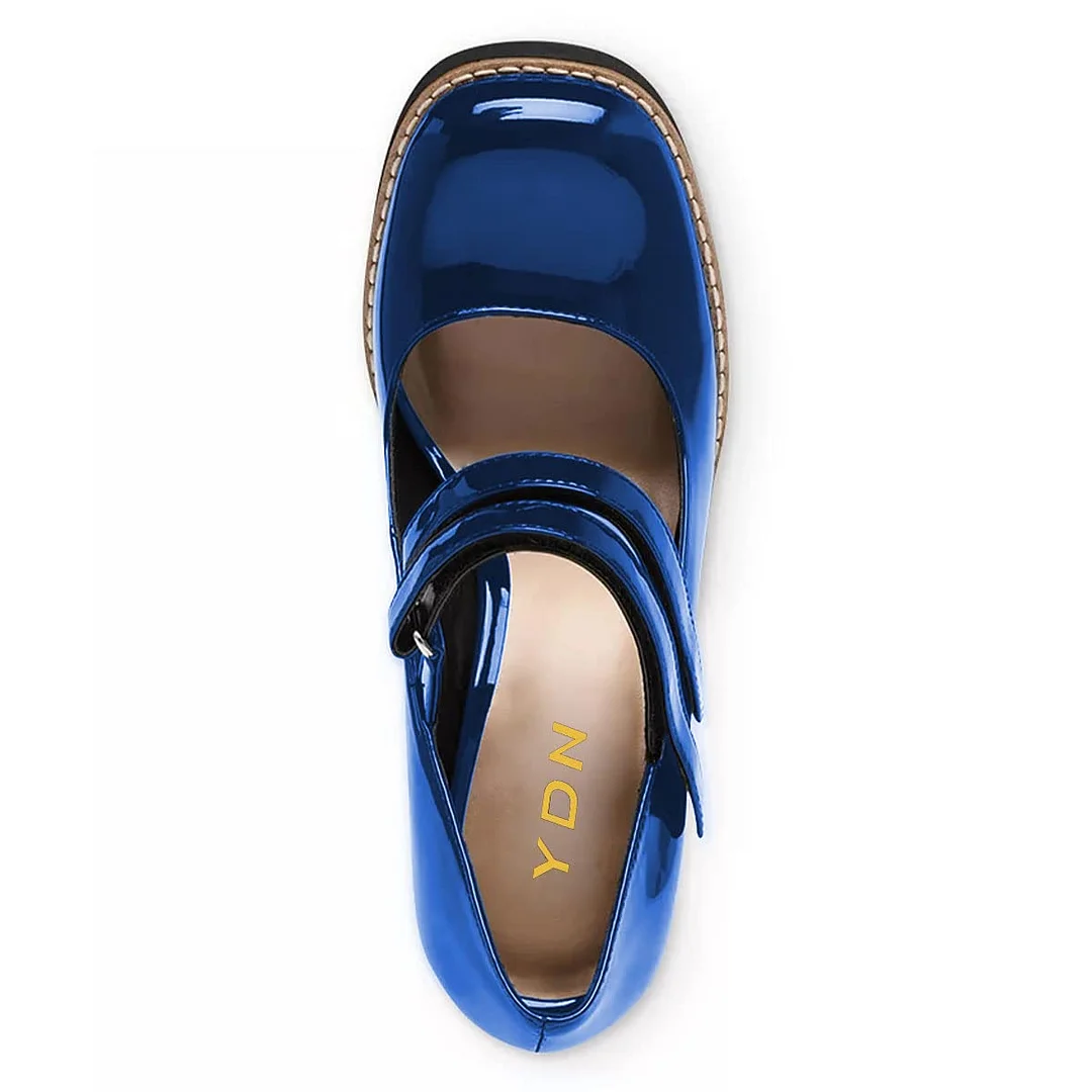 Blue Square Toe Double Buckle Strap Mary Jane Platform Shoes
