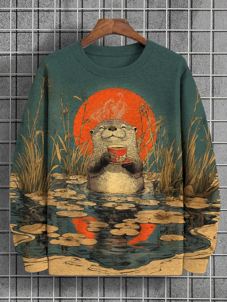Men's Full Moon Otter Tasting Tea In The Pond Print Casual Sweatshirt