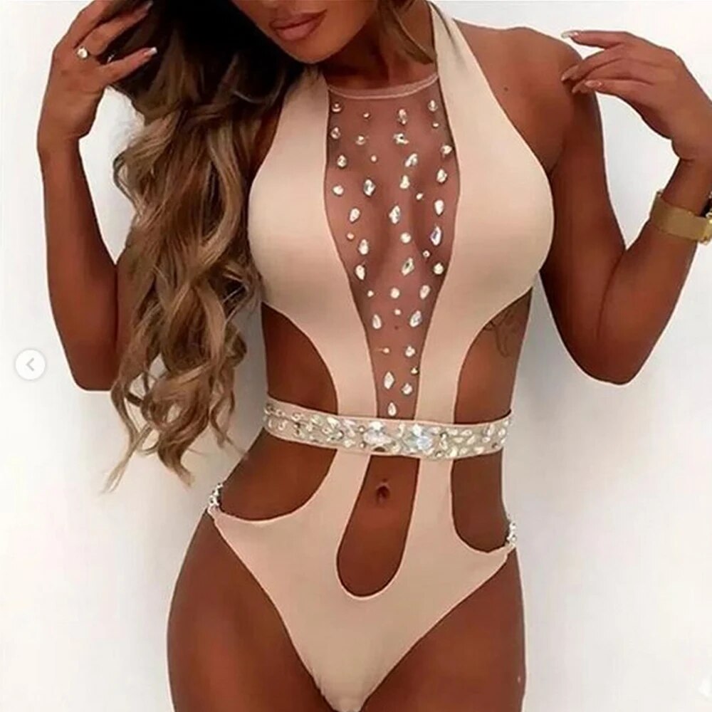 New Women Sexy Swimsuit Shiny Swimwear With Rhinestone Belt Chest Diamond-Studded Bikinis Halter Hollow Summer Bather S-XL