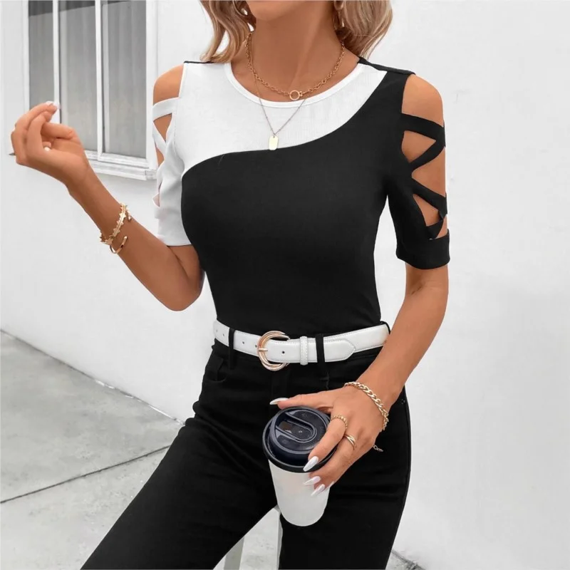 Women's New Design Contrast Color Block Cross Off Shoulder Slim Short Sleeve T-shirt Blouses