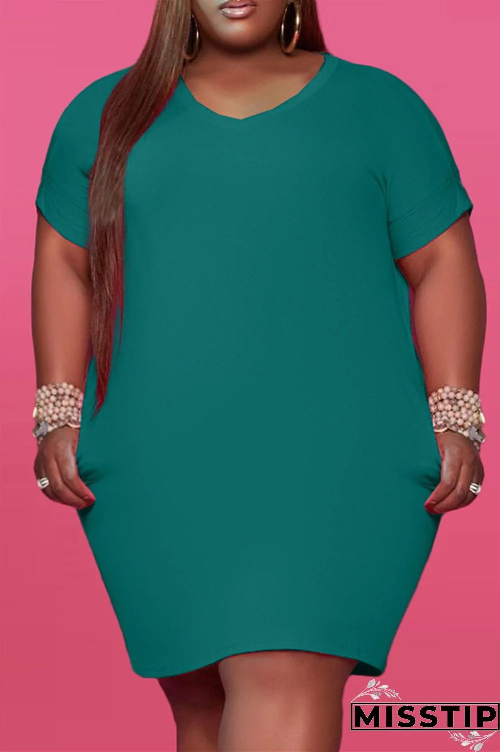 Red Fashion Casual Plus Size Solid Basic V Neck Short Sleeve Dress