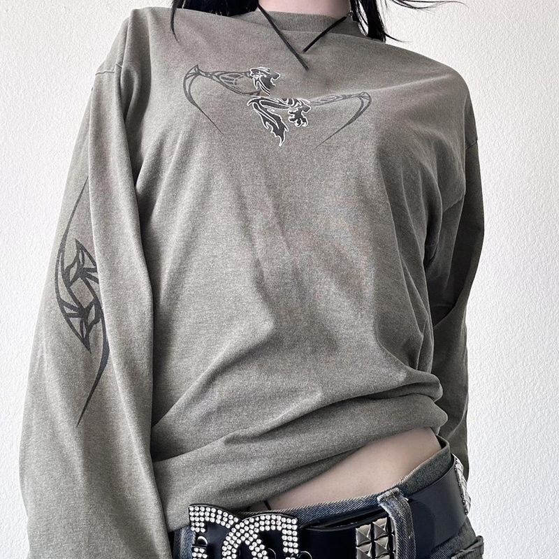 Aonga Punk Style Dark Academia Dragon Print Pullovers Tops Women Men Grunge Baggy T-shirts Vintage Mall Goth Y2K Cyber Loose Fit Tees aonga