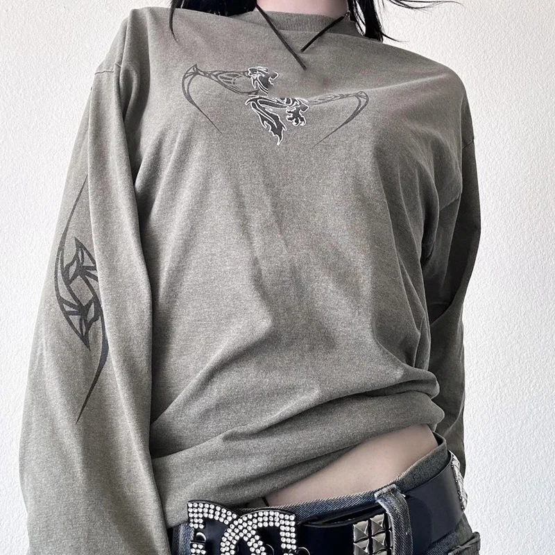 Aonga Punk Style Dark Academia Dragon Print Pullovers Tops Women Men Grunge Baggy T-shirts Vintage Mall Goth Y2K Cyber Loose Fit Tees aonga