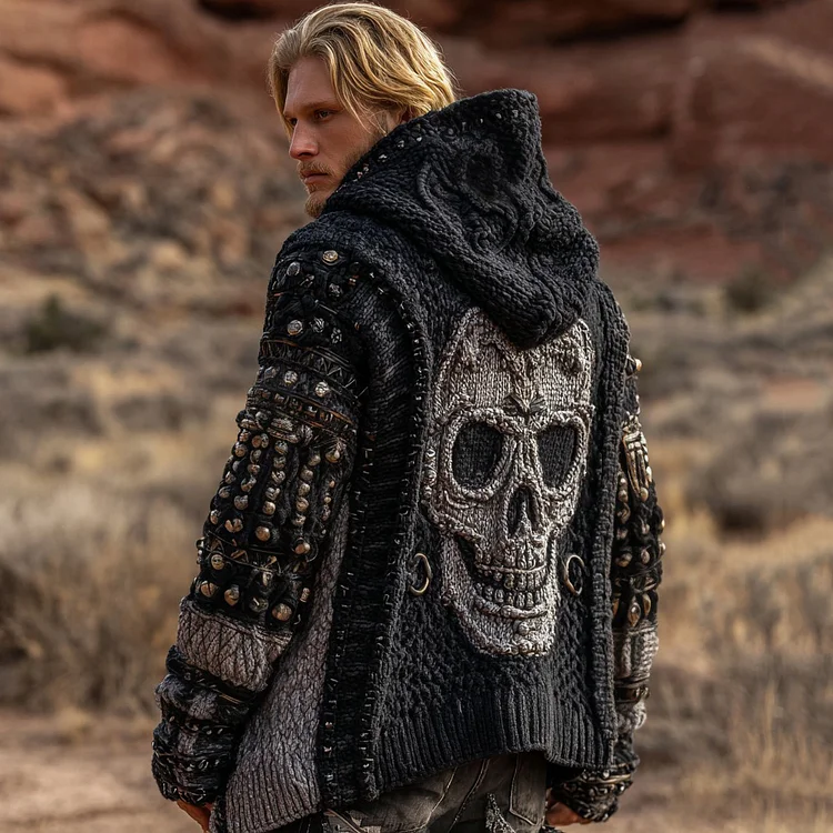 Men's Dark Style Skull Inspired Knitted Cozy Zipper Up Hooded Cardigan