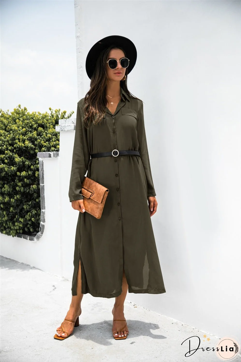 Button Down Side Slit Shirt Dress