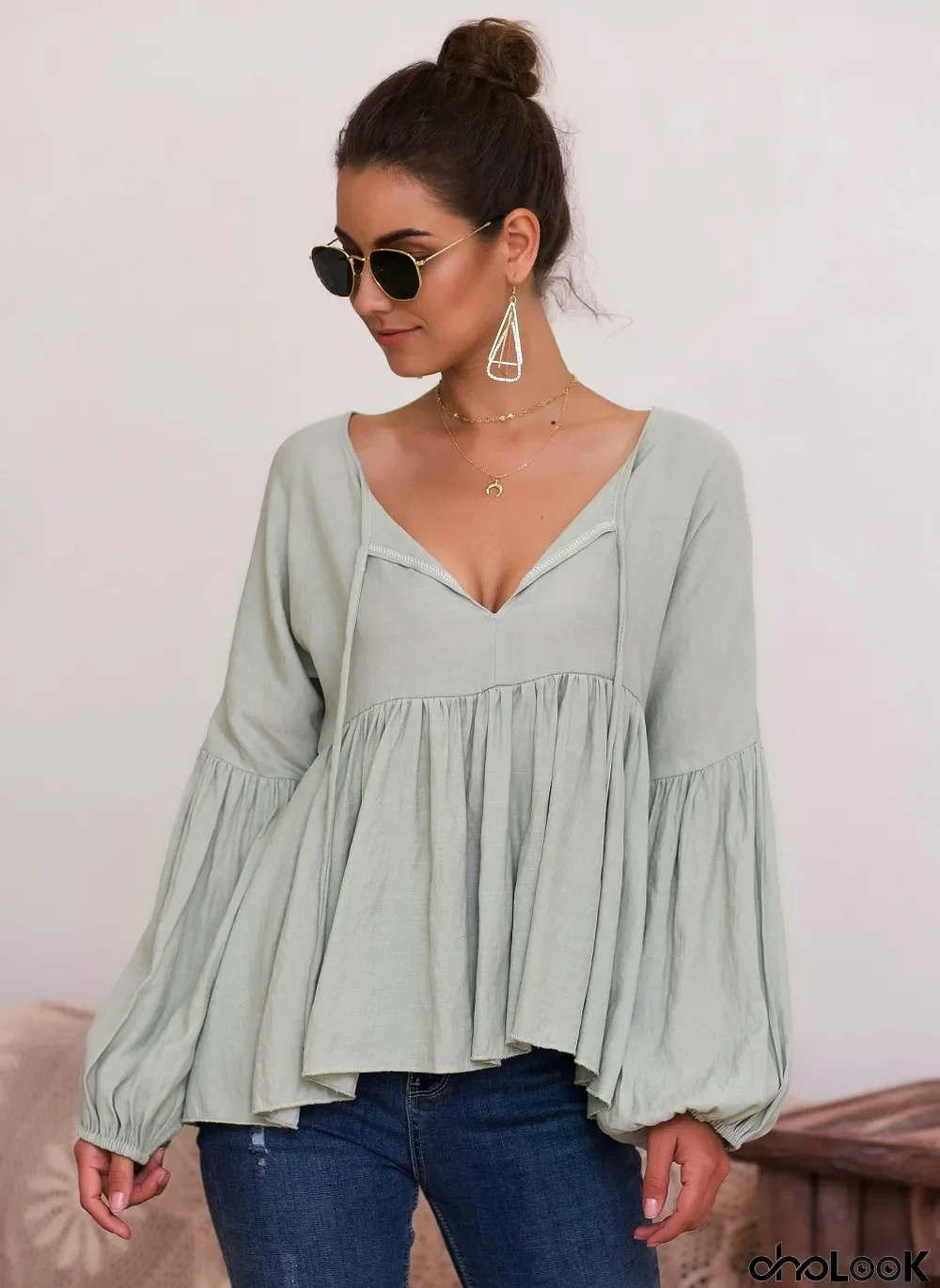 Autumn Solid Plain Flare Shirt with Pop Sleeves