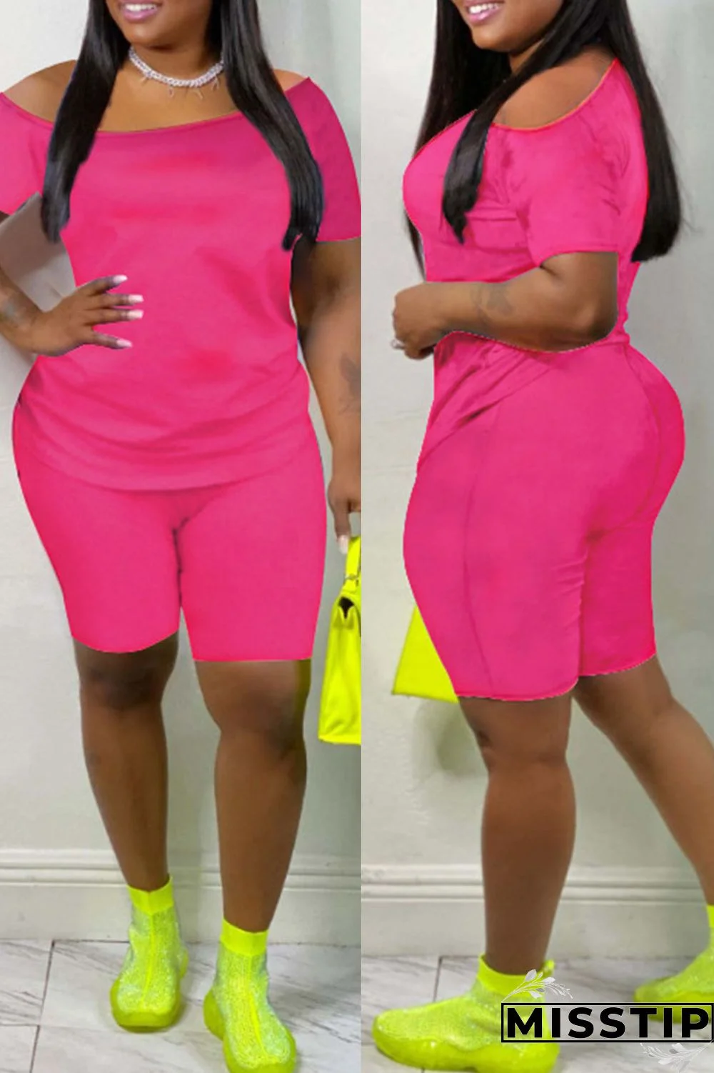 Yellow Fashion Casual Solid Basic Plus Size Two Pieces