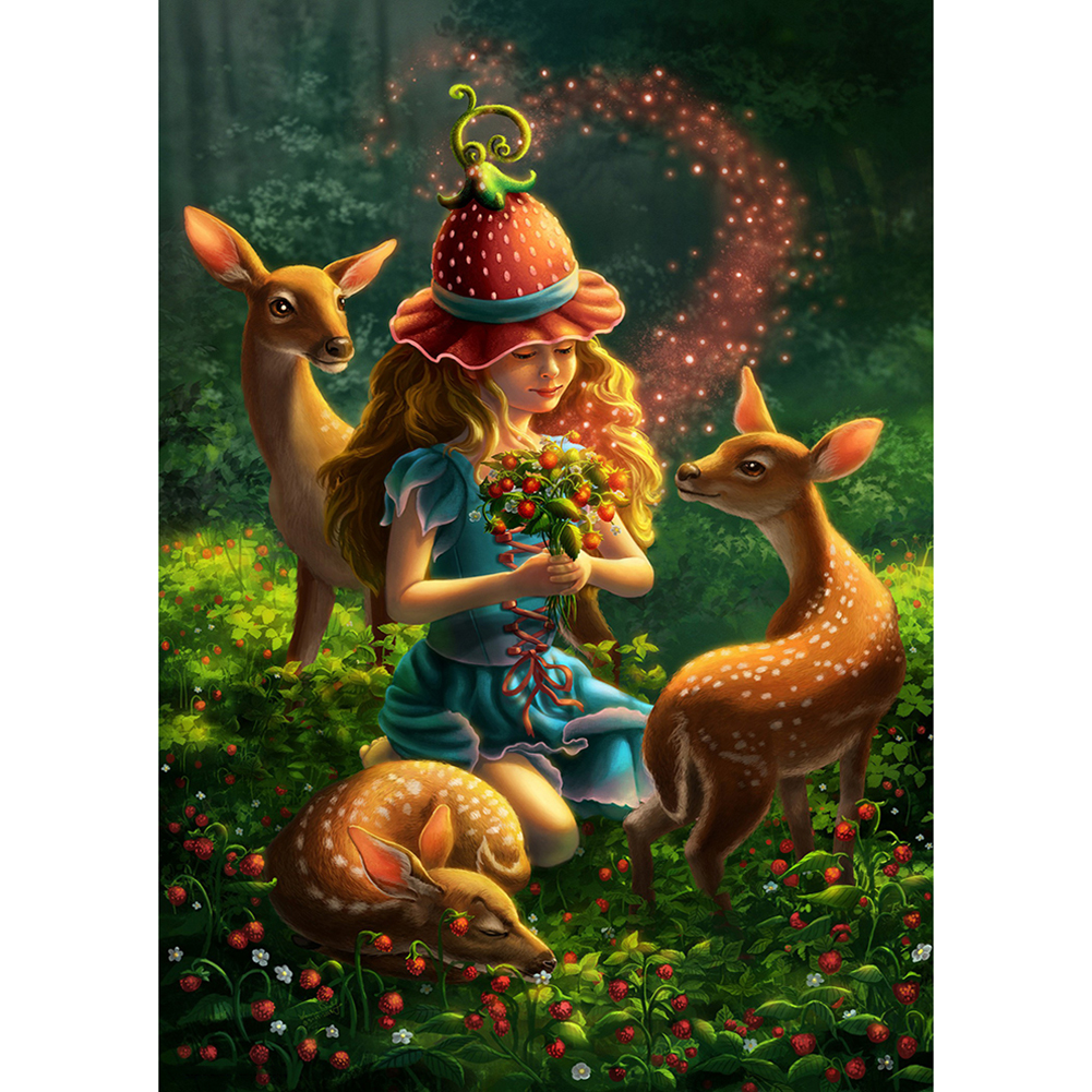

30*40CM - Girl With Deer - Round Drill Diamond Painting, 501 Original