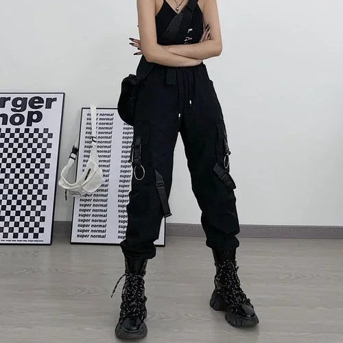 UForever21 Back to School Punk Black Cargo Pants Women Pockets Hippie Streetwear Joggers Harajuku Techwear Oversize Trousers For Female
