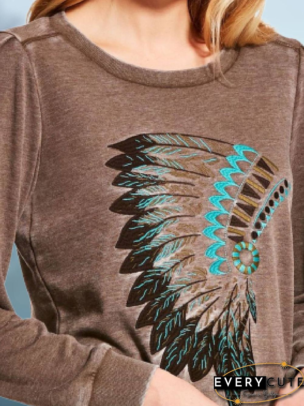 Round Neck Cotton-Blend Long Sleeve Color-Block Shirts & Tops