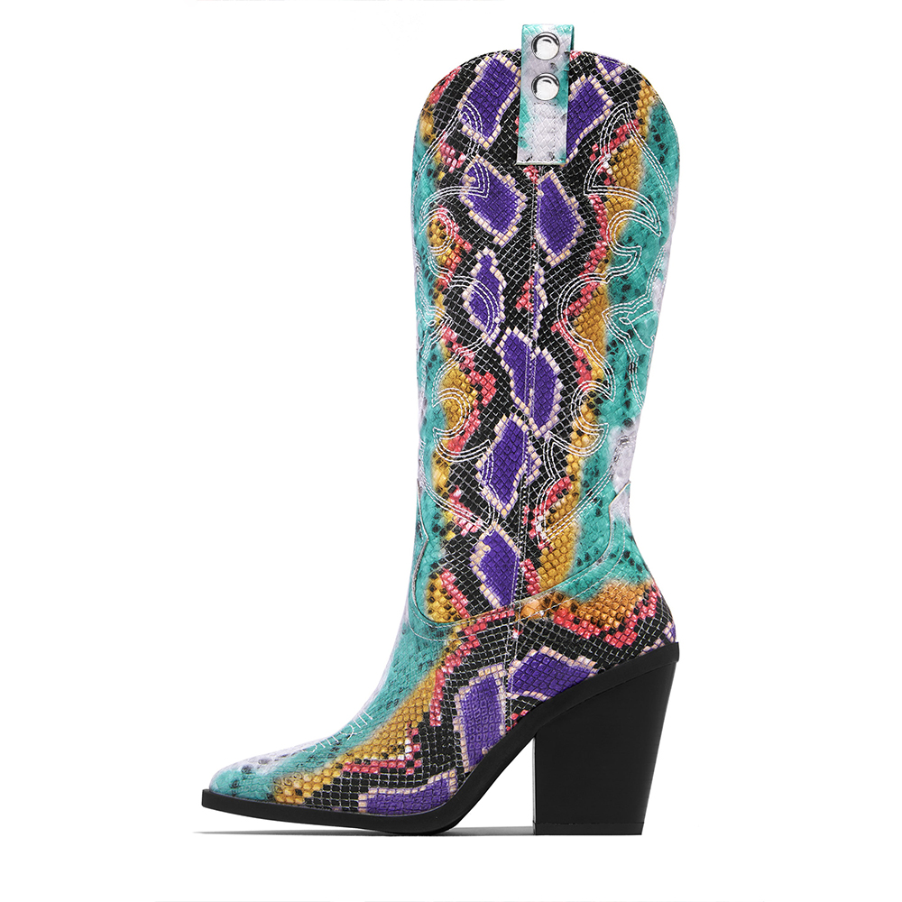 Multicolor Snake Textured Chunky Heel Stitching Cowgirl Boots Nicepairs