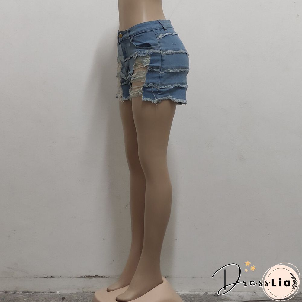 Summer Sexy Patchwork Women Ripped High Waist Holes Stretch Streetwear Plus Size Denim