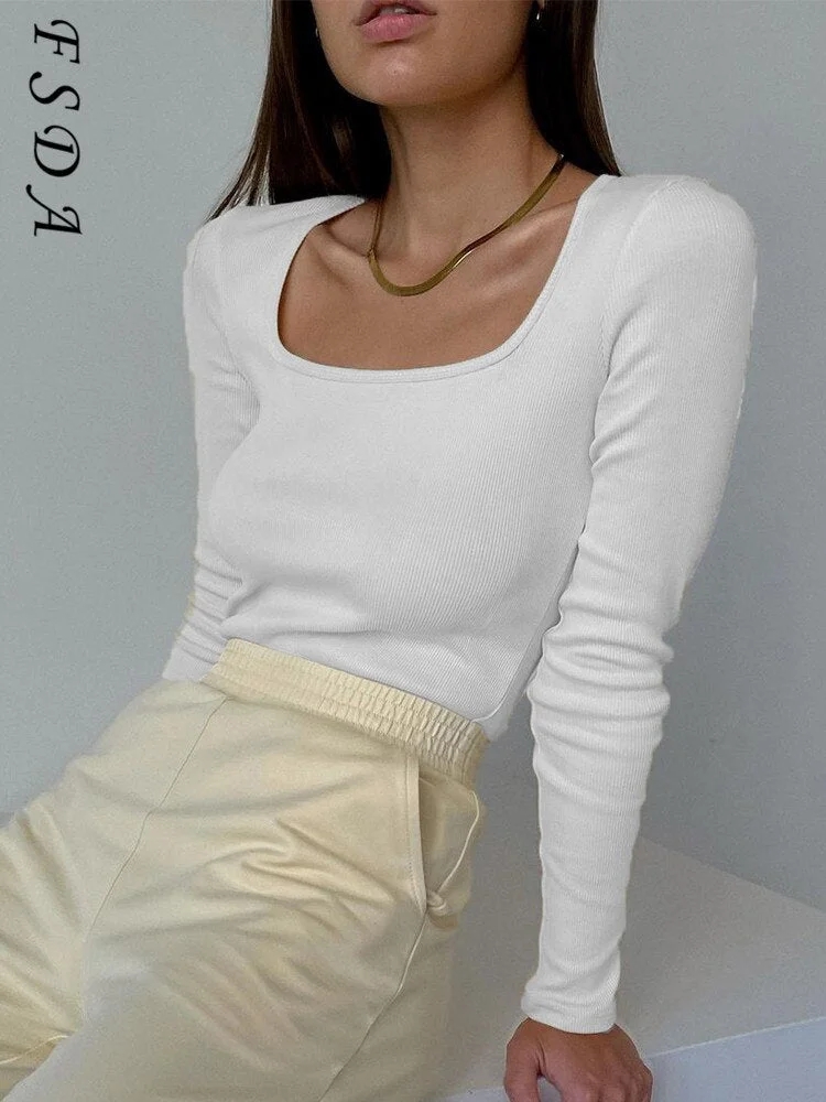 2022 Square Neck Green Long Sleeve T Shirts Women Knitted Autumn Winter Black Basic Ribber White Khaki Top Shirt Casual Y2K