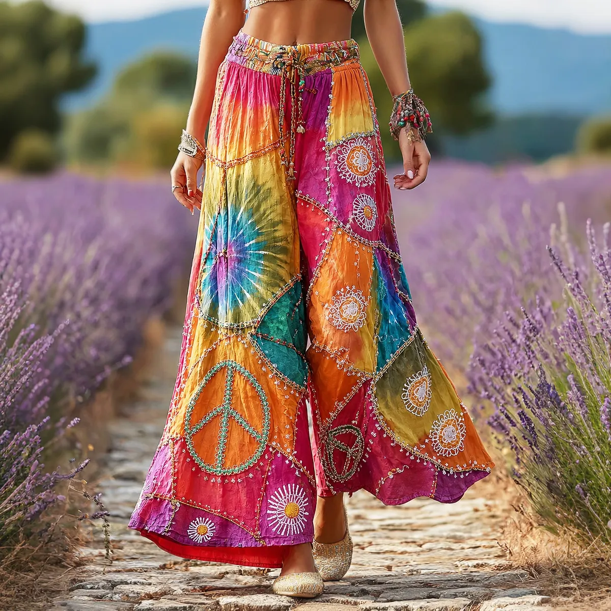 Women's Hippie Peace Sign Flowers Tie Dye Patchwork Print Linen Blend Pants artswardrobe