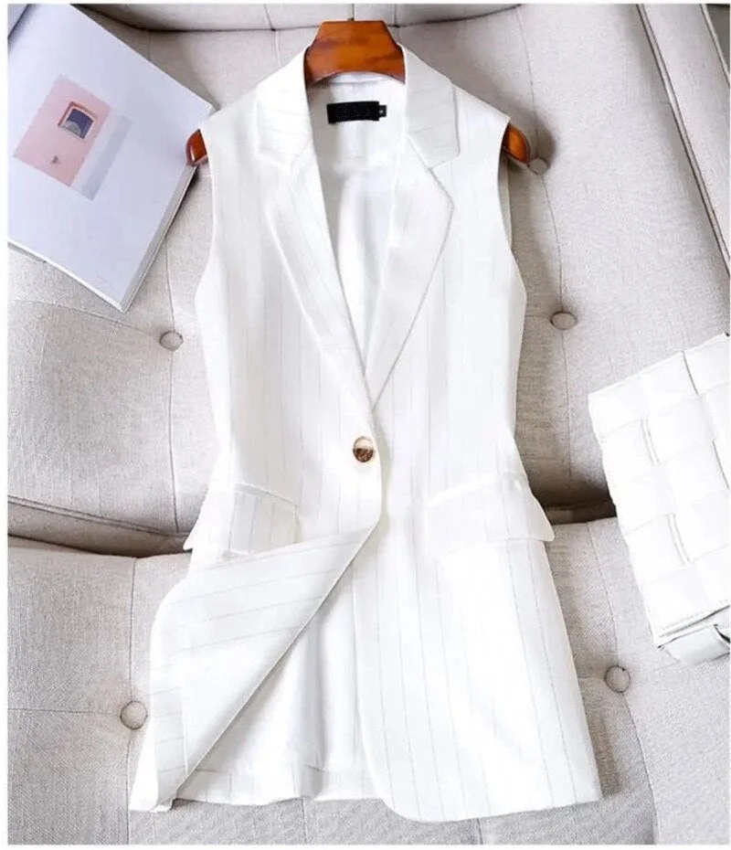 Women Vest Jacket 2021 New Korean Striped Suit Collar Sleeveless Mid Long Waistcoat Lady Vest Spring Autumn Jacket Female Tops