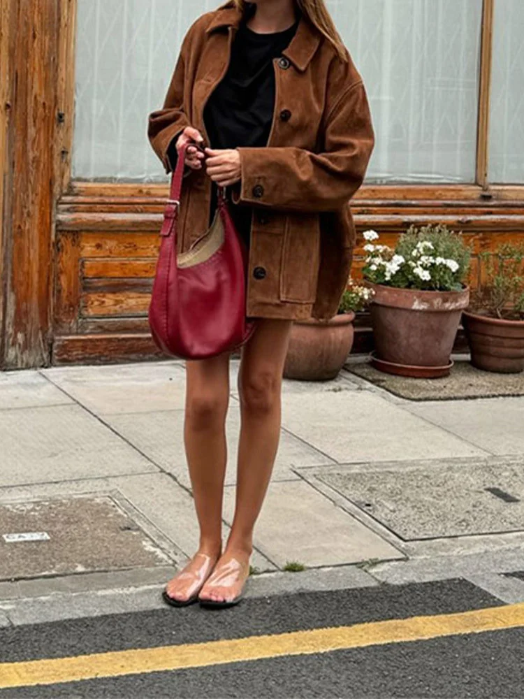 Churchf Churchf Shot-Vintage Lapel Long Sleeve Button Coat 24 Stylish Female Loose Street Style Pocket Jacket