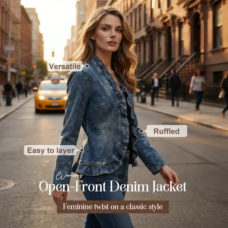 🧥 LIMITED-TIME 50% OFF! ✨ Women's Denim Jacket &ndash; Open-Front, Ruffle Trim, Lightweight, Classic Wash ✨