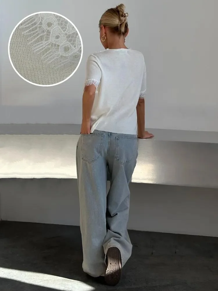 Athvotar Athvotar Stitched V-Neck Knitted Shirt Summer New Short-Sleeved Fashion Casual Cardigan Sweater Woman