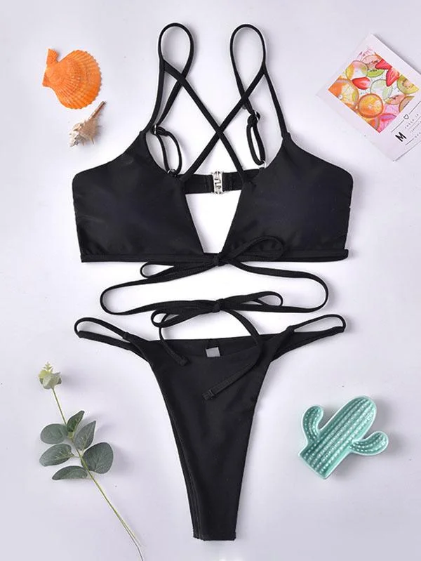 Solid Color Bandage Split Bikini Swimsuit