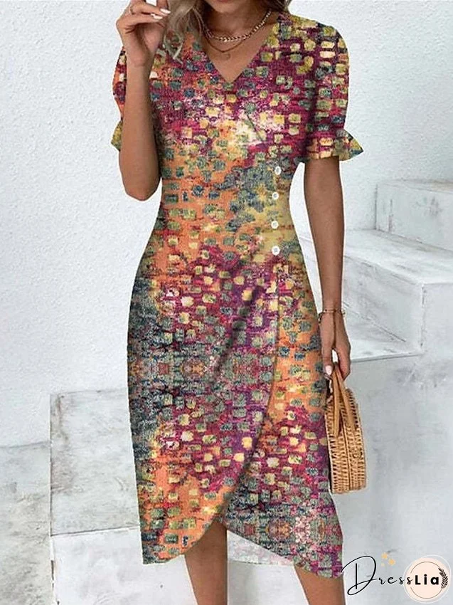 Casual Dress Wrap Dress Print Dress Painting Print V Neck Puff Sleeve Midi Dress Active Fashion Daily Holiday Short Sleeve Loose Fit Orange Summer Spring S M L XL XXL for Women