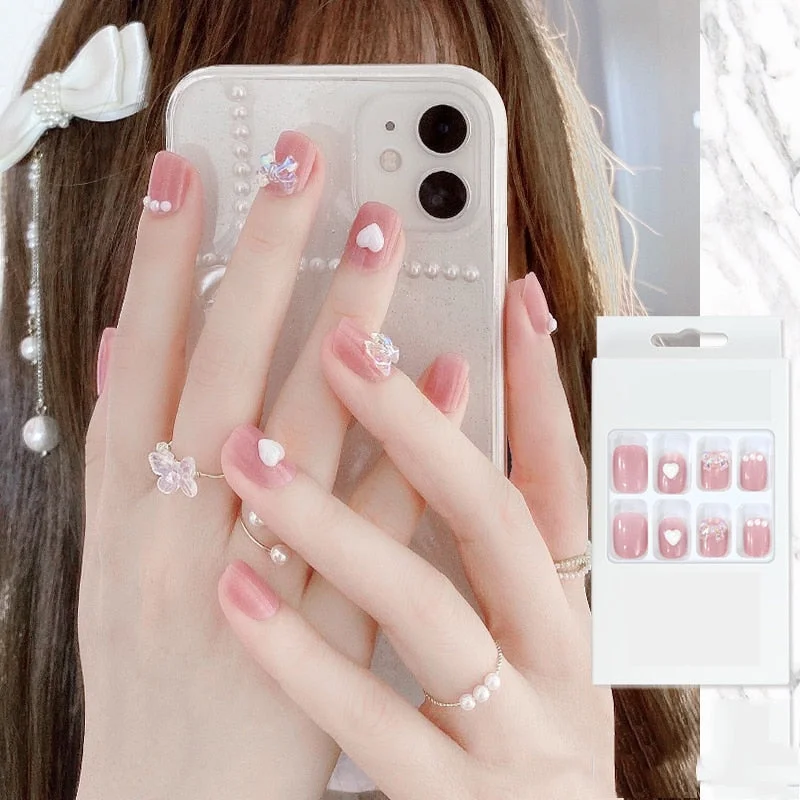 false nails with designs acrylic for nail Imitation Pearl Lace Bowknot press on nails Charming Pre Design fake nails with glue-Nail Inspo