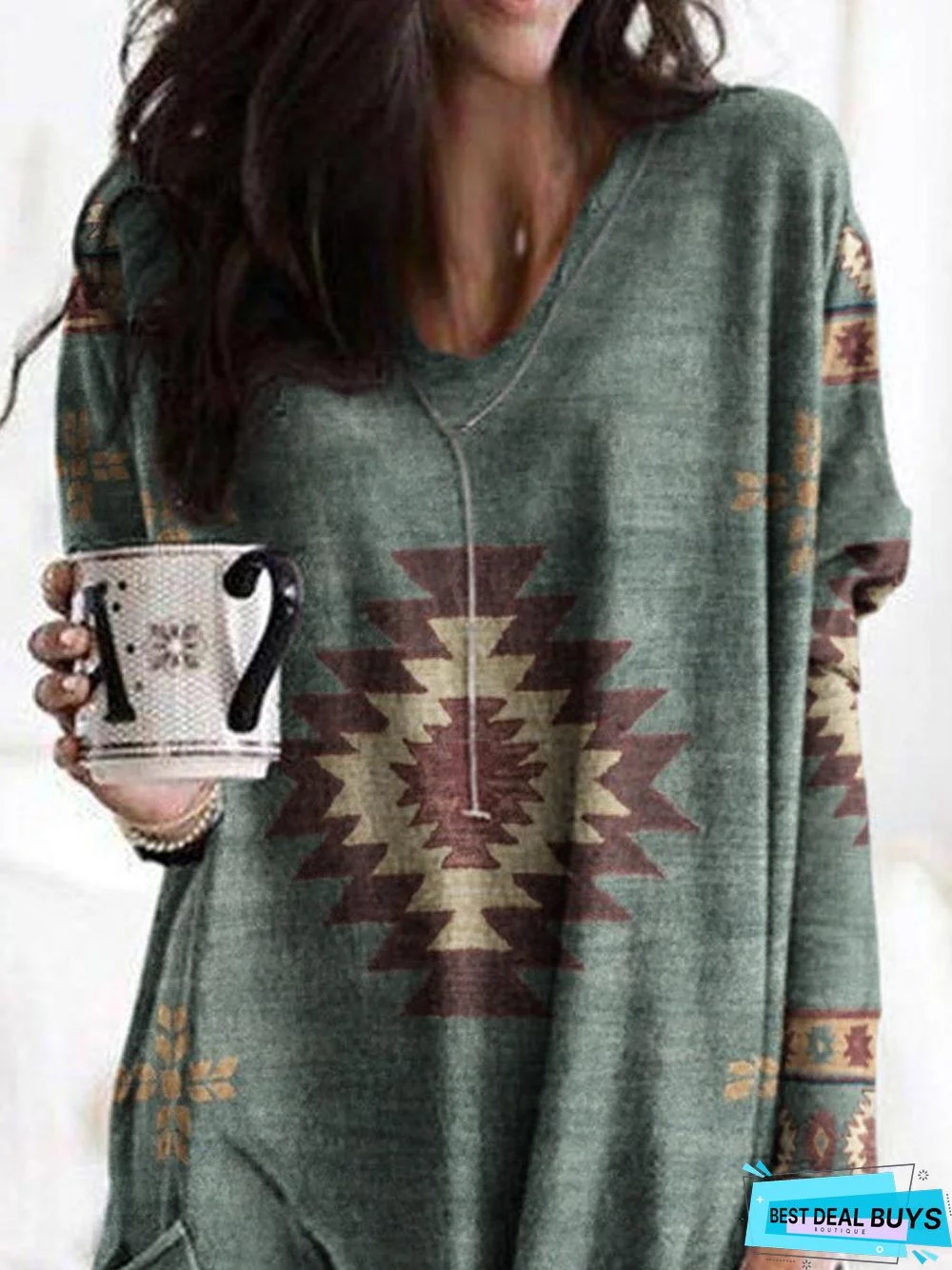 V-Neck Casual Loose Geometric Print Long Sleeve T-Shirt