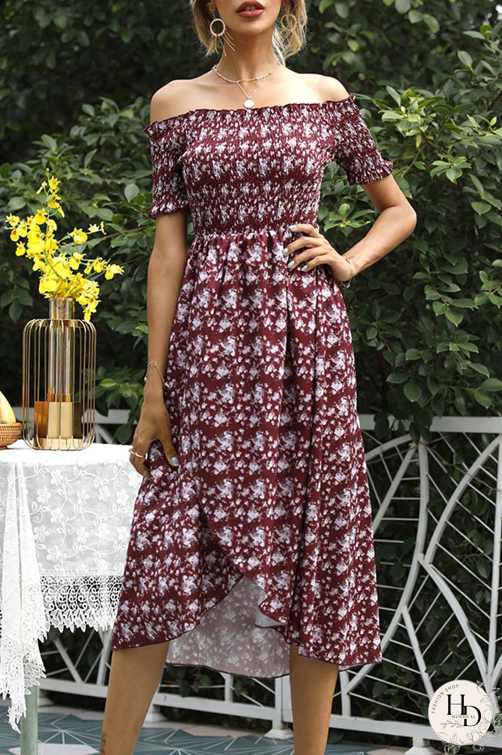 Elegant Floral Split Joint Off the Shoulder A Line Dresses