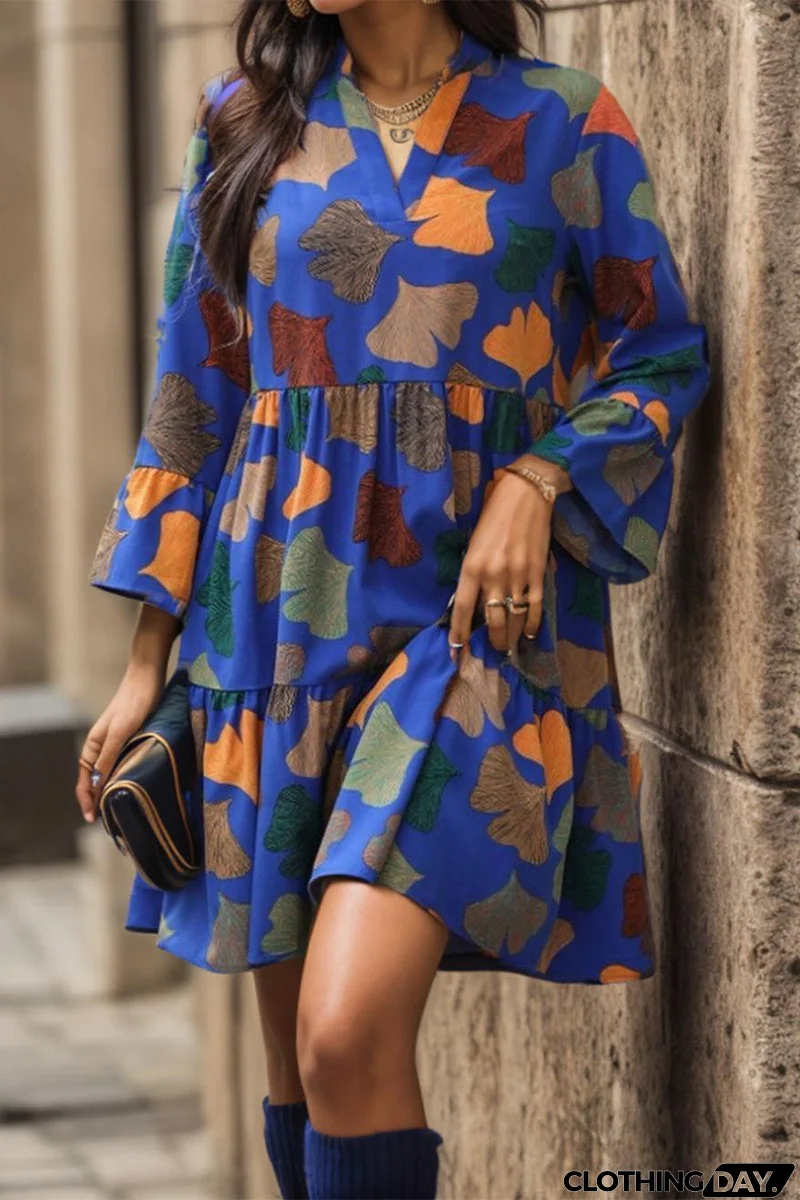 Casual Vintage Print Flounce V Neck Printed Dress Dresses