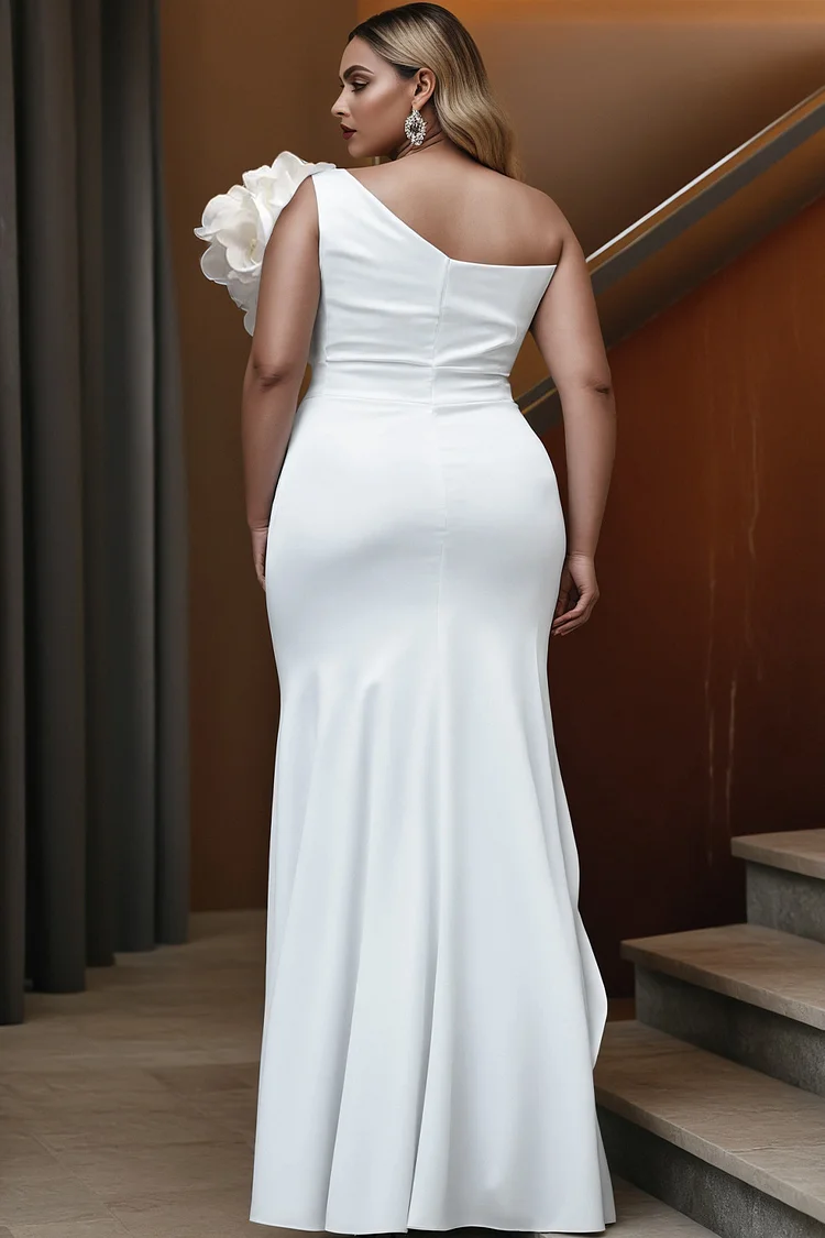 Xpluswear Design Plus Size Wedding White Elegant One Shoulder Strappy 3D Maxi Dresses