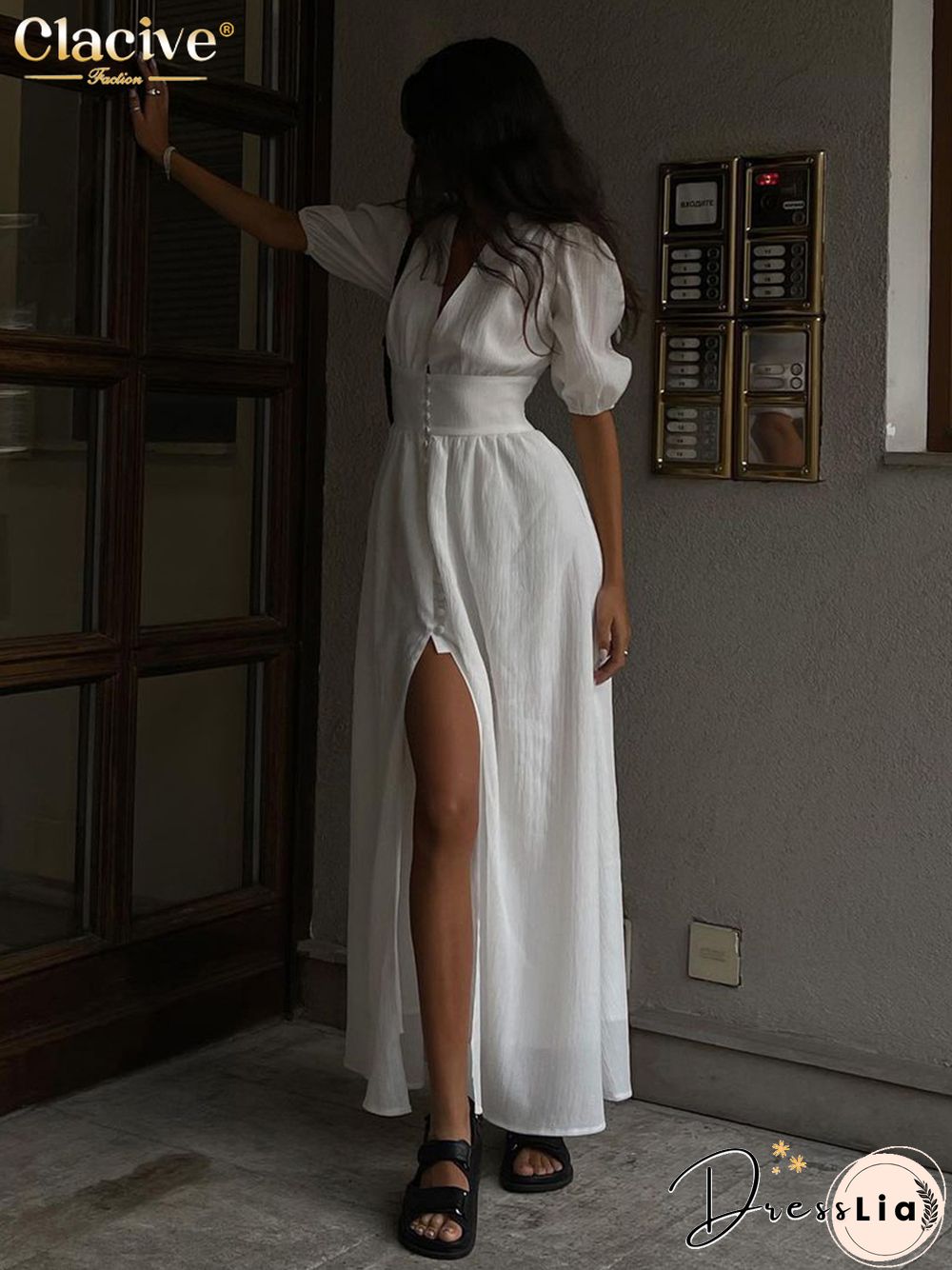 Clacive White Sexy Single-Breasted Women'S Dress Elegant Short Sleeve V-Neck Party Dresses Lady Casual Slim Midi Dress