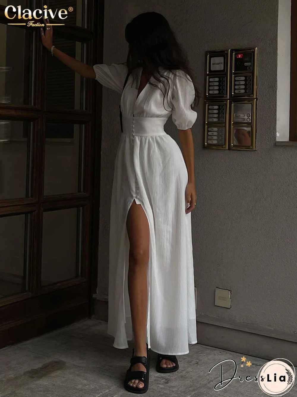 Clacive White Sexy Single-Breasted Women'S Dress Elegant Short Sleeve V-Neck Party Dresses Lady Casual Slim Midi Dress