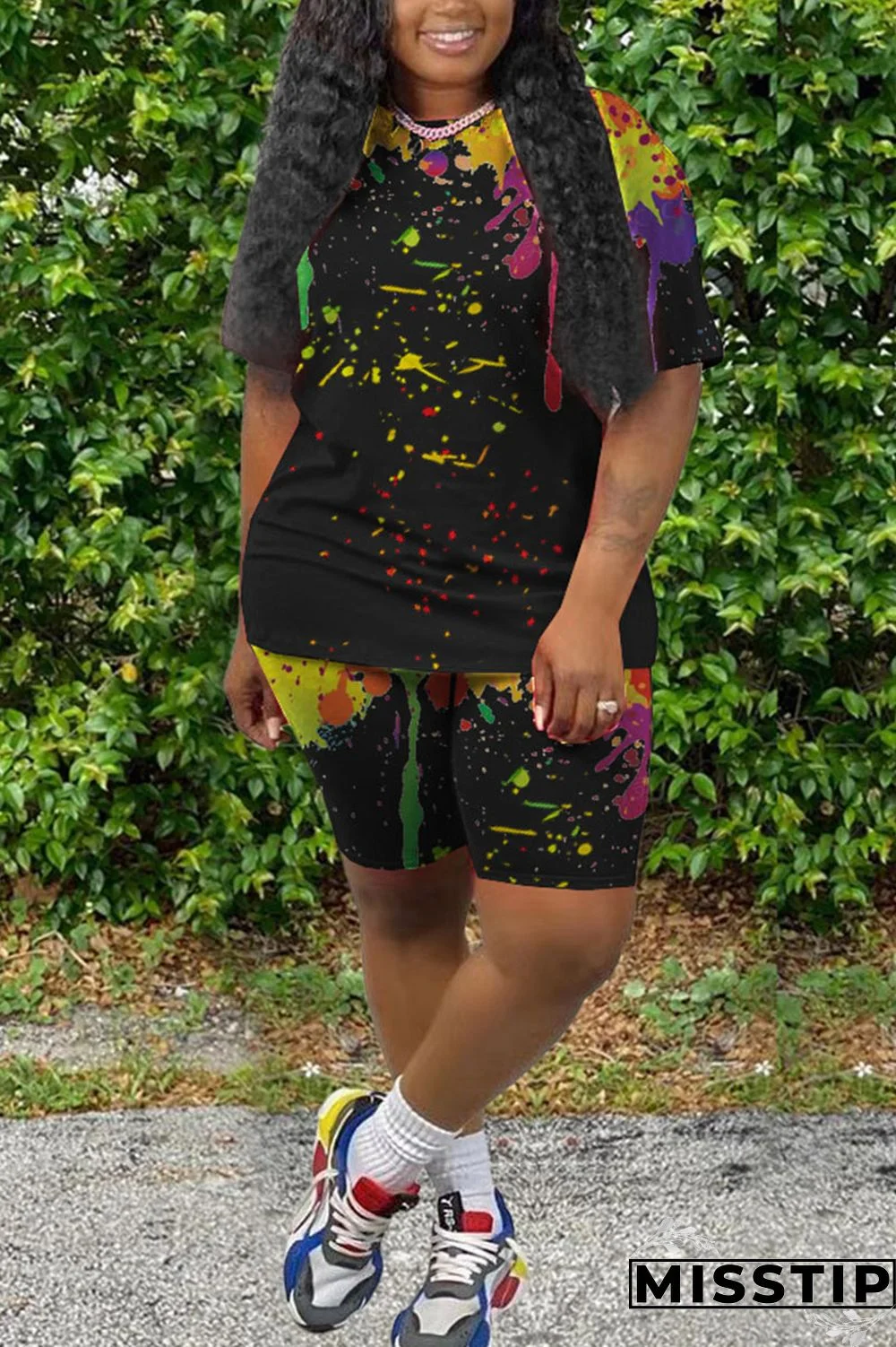 Black Sportswear Print O Neck Short Sleeve Two Pieces